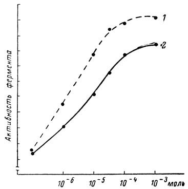 Рис. 13. Влияние адреналина на активность аденилатциклазы в миокарде старых (1) и взрослых (2) крыс
